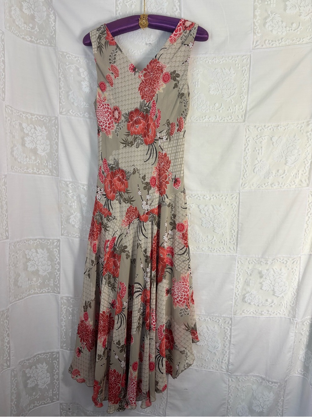 Tan+Red Floral Bias Cut Asymmetrical Hem Whimsy Cottage Fairy Dress Size M-L‎ - Picture 4 of 15